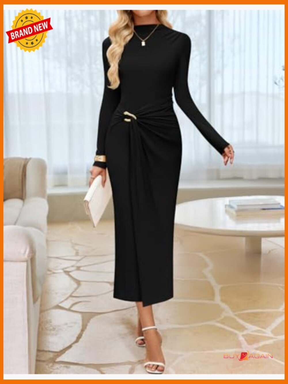 Long Sleeve Mock Neck Bodycon Midi Dress Wedding Guest Cocktail Party - Picture 2 of 7